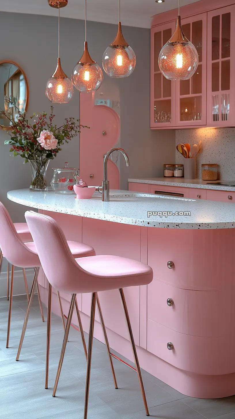 Pink-themed kitchen with an island, pink chairs, terrazzo countertop, pendant lights, and glass cabinetry.