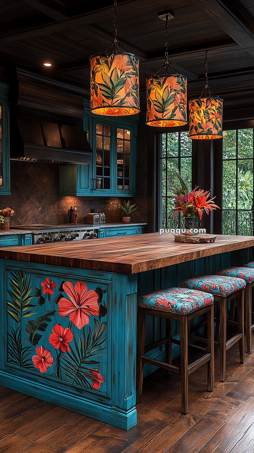 Colorful tropical-themed kitchen with blue cabinets and island, featuring vibrant floral patterns, decorative pendant lights, and a wooden countertop.