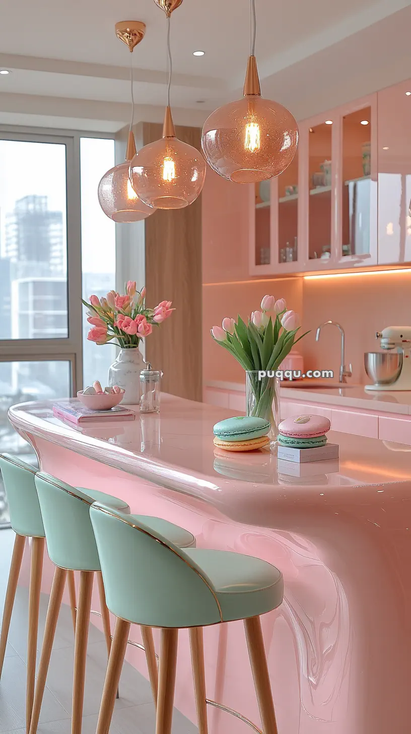 Modern kitchen with pink and mint accents, featuring a glossy pink countertop, pastel bar stools, pendant lights, and floral arrangements.