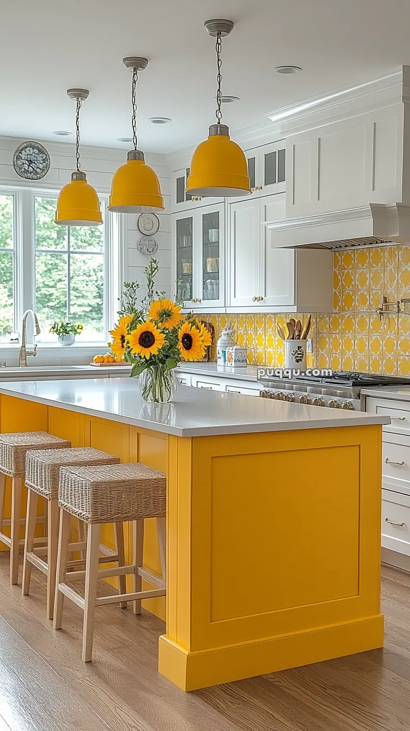 Bright kitchen with white cabinets, yellow accents, and a large island featuring sunflowers and wicker stools.