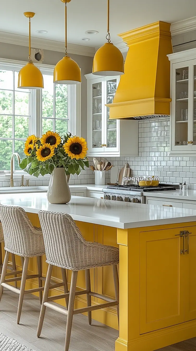 A bright kitchen with yellow accents, including pendant lights, an extractor hood, and island cabinets. A vase with sunflowers is on the countertop, surrounded by wicker bar stools.