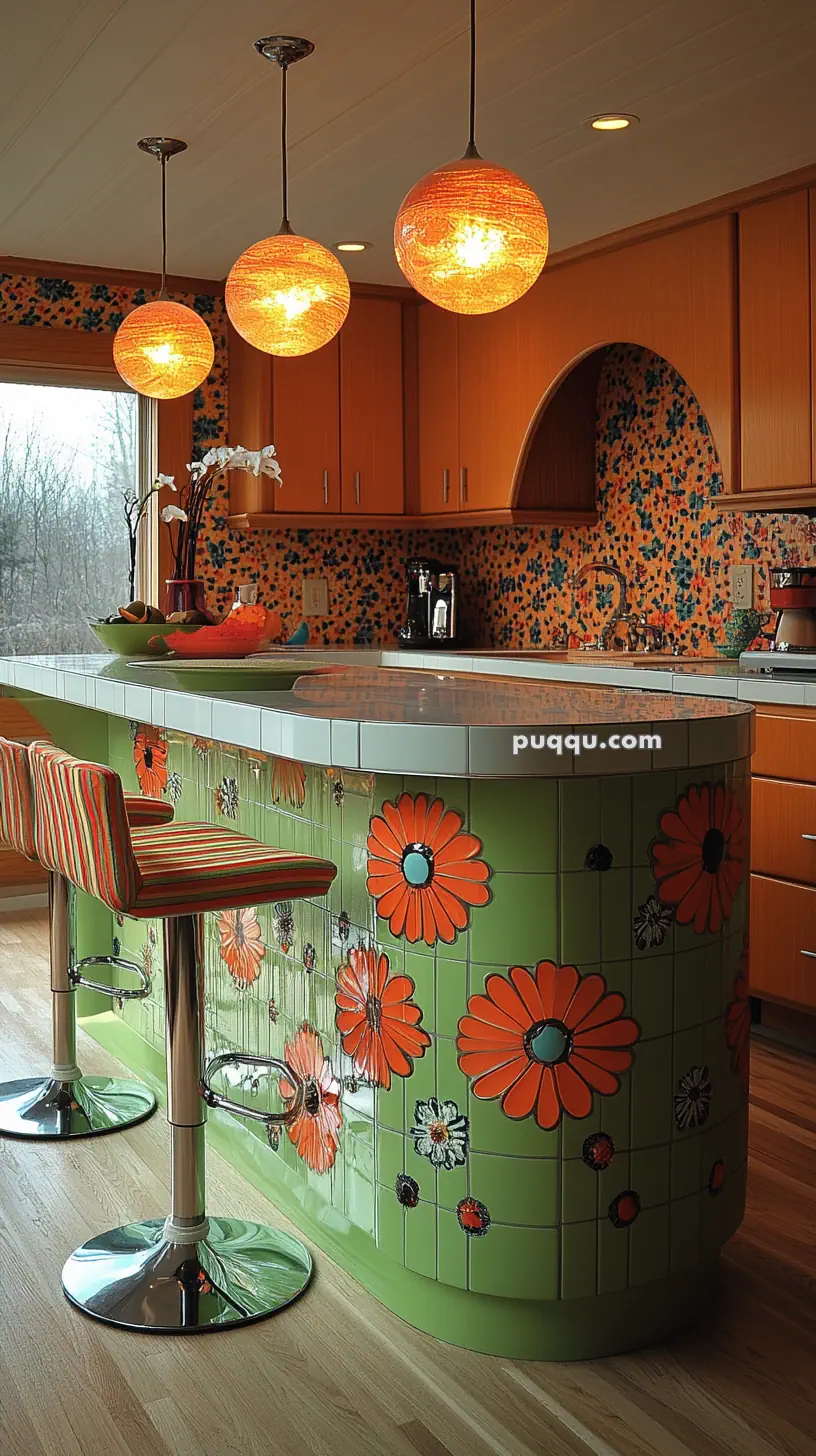 Retro kitchen with orange pendant lights, floral-patterned green tiles, and striped bar stools.