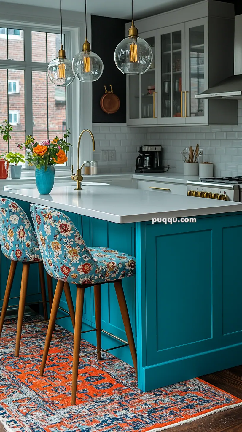 Kitchen with blue island, floral upholstered chairs, pendant lights, and decorative orange rug.