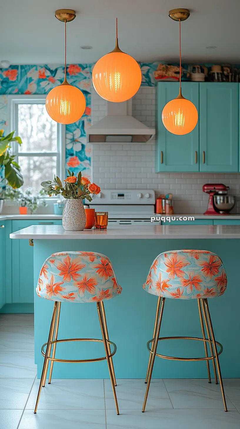 A bright kitchen with turquoise cabinets, floral bar stools, orange pendant lights, and a vase of flowers on the island counter.