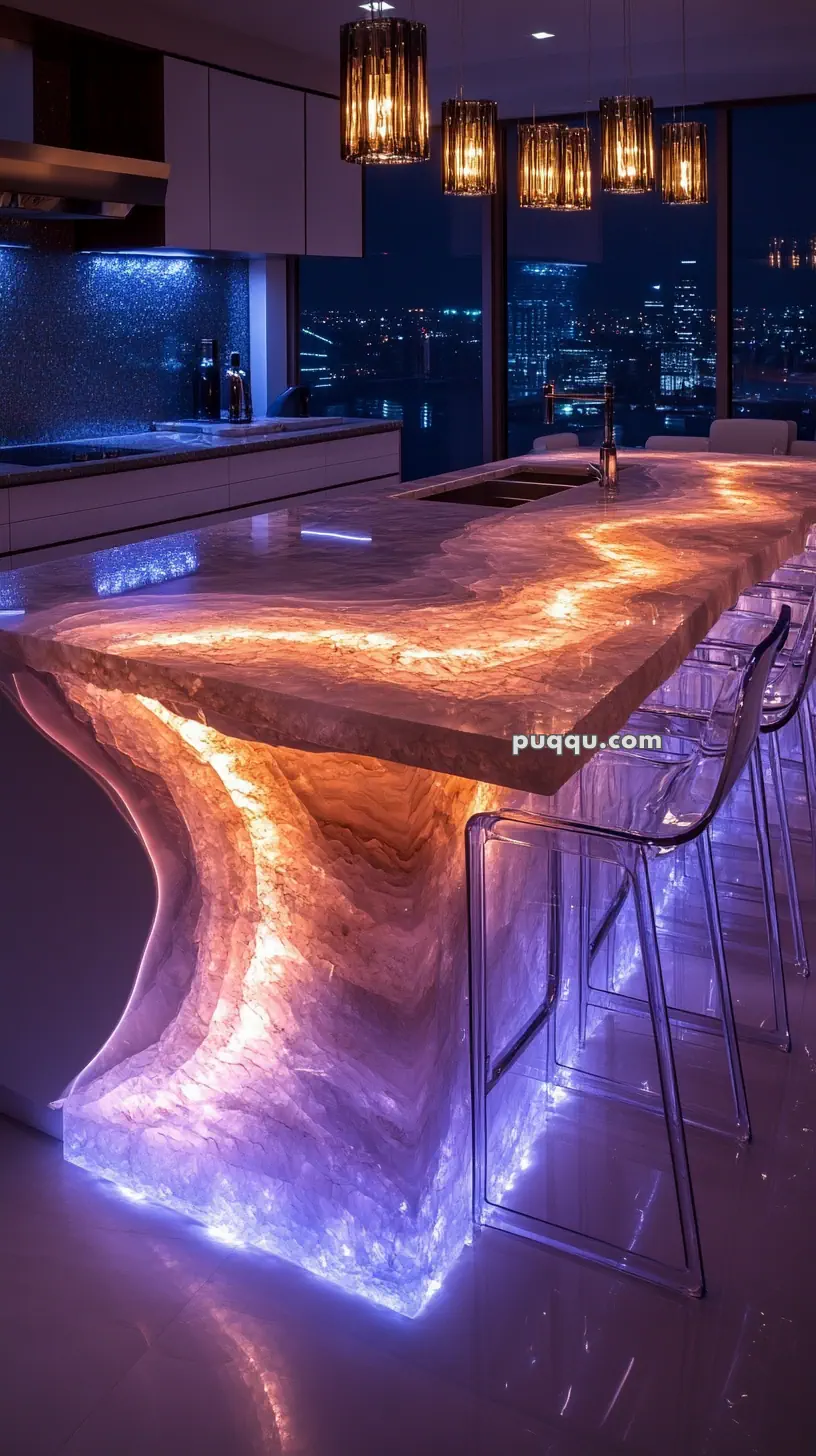 Modern kitchen with a glowing onyx island, futuristic bar stools, and cityscape view at night.