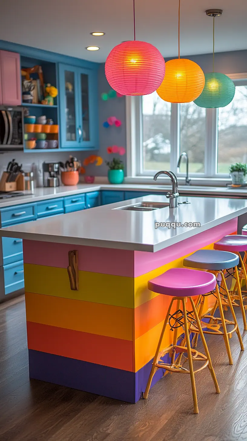 Colorful kitchen with a rainbow-striped island, pink, orange, and teal pendant lights, and blue cabinets with colorful cups and bowls.