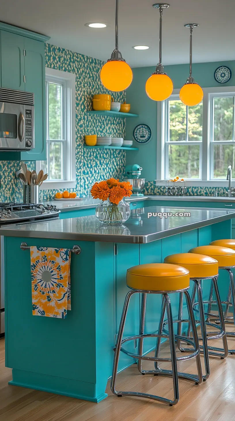 Turquoise kitchen with bright orange accents, including pendant lights and bar stools, featuring stainless steel appliances, a patterned wallpaper, and decorative items.