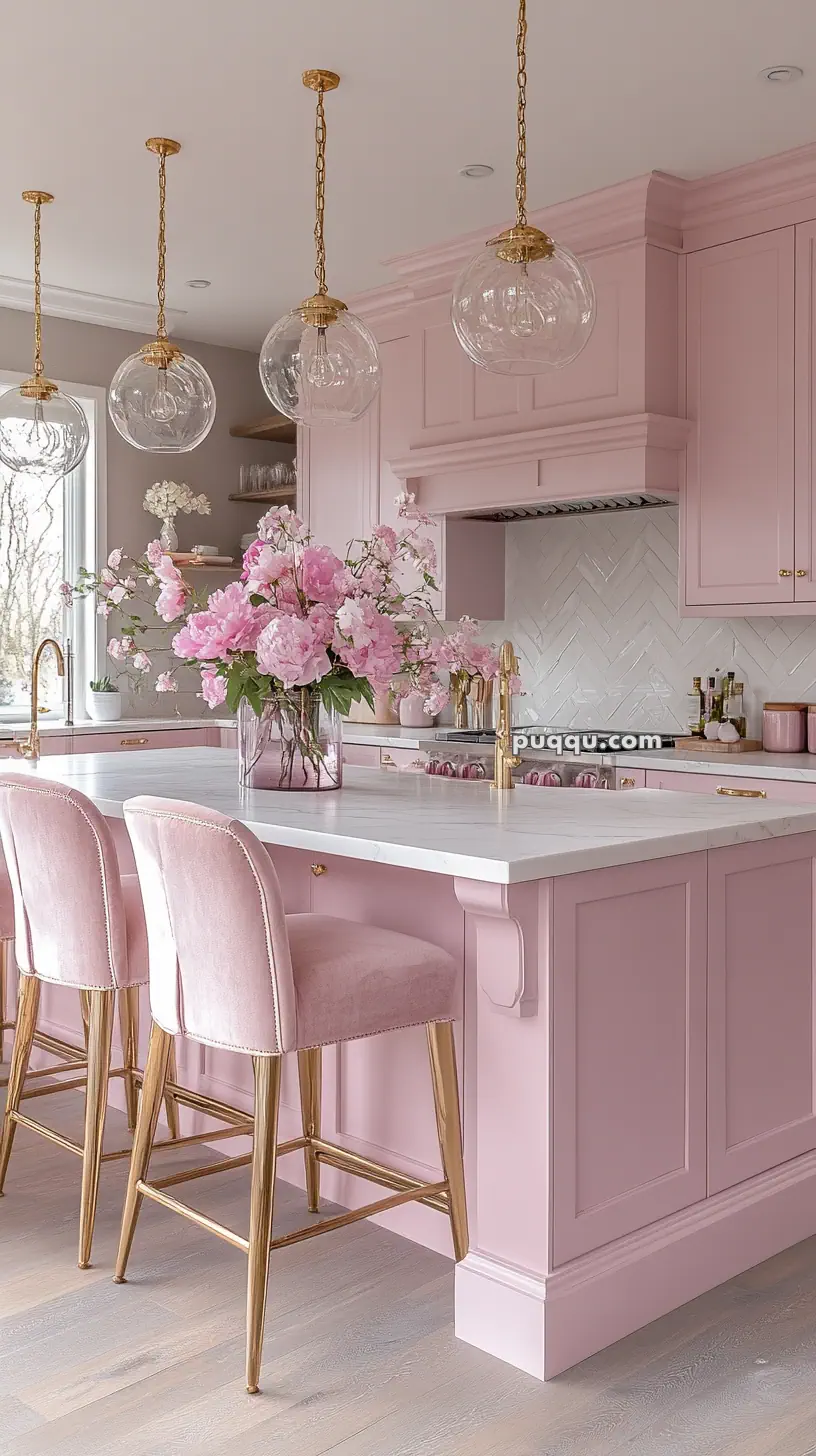 Pink kitchen with matching cabinetry and chairs, marble countertop, gold fixtures, pendant lights, and a vase of pink flowers on the island.