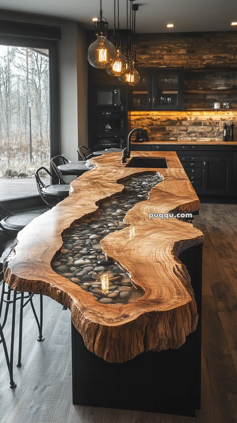 A kitchen interior featuring a unique wooden island counter with a river-like glass inlay filled with stones, surrounded by modern bar stools, pendant lighting, and rustic cabinetry.