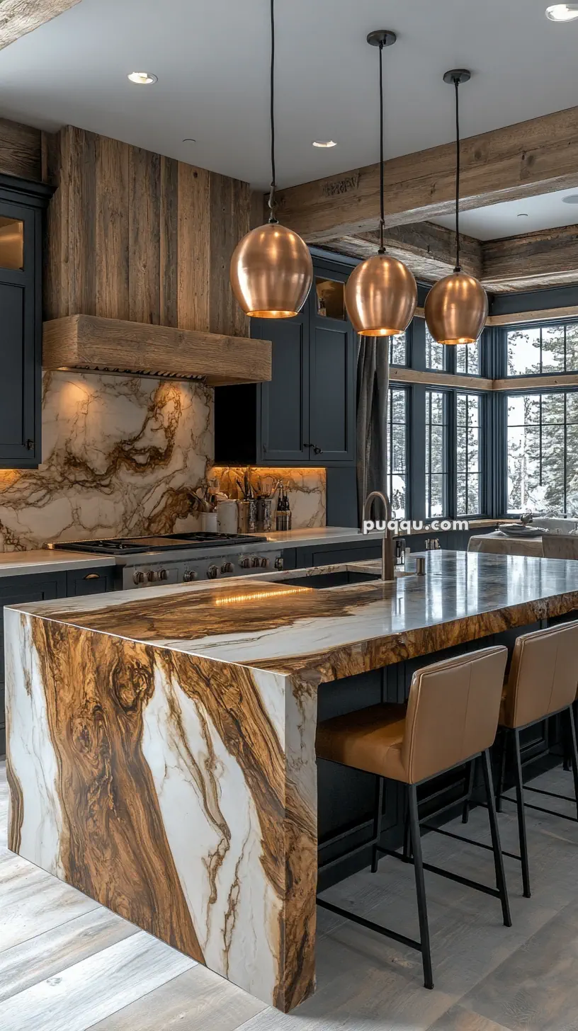 Modern kitchen with marble waterfall island, wood accents, pendant lights, and bar stools.