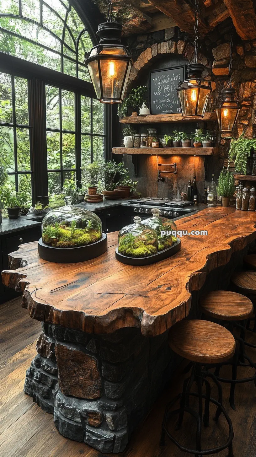 Rustic kitchen with large wooden island, stone base, and decorative terrariums under glass domes, surrounded by bar stools and illuminated by hanging lantern-style lights, with a backdrop of large arched windows and stone walls.