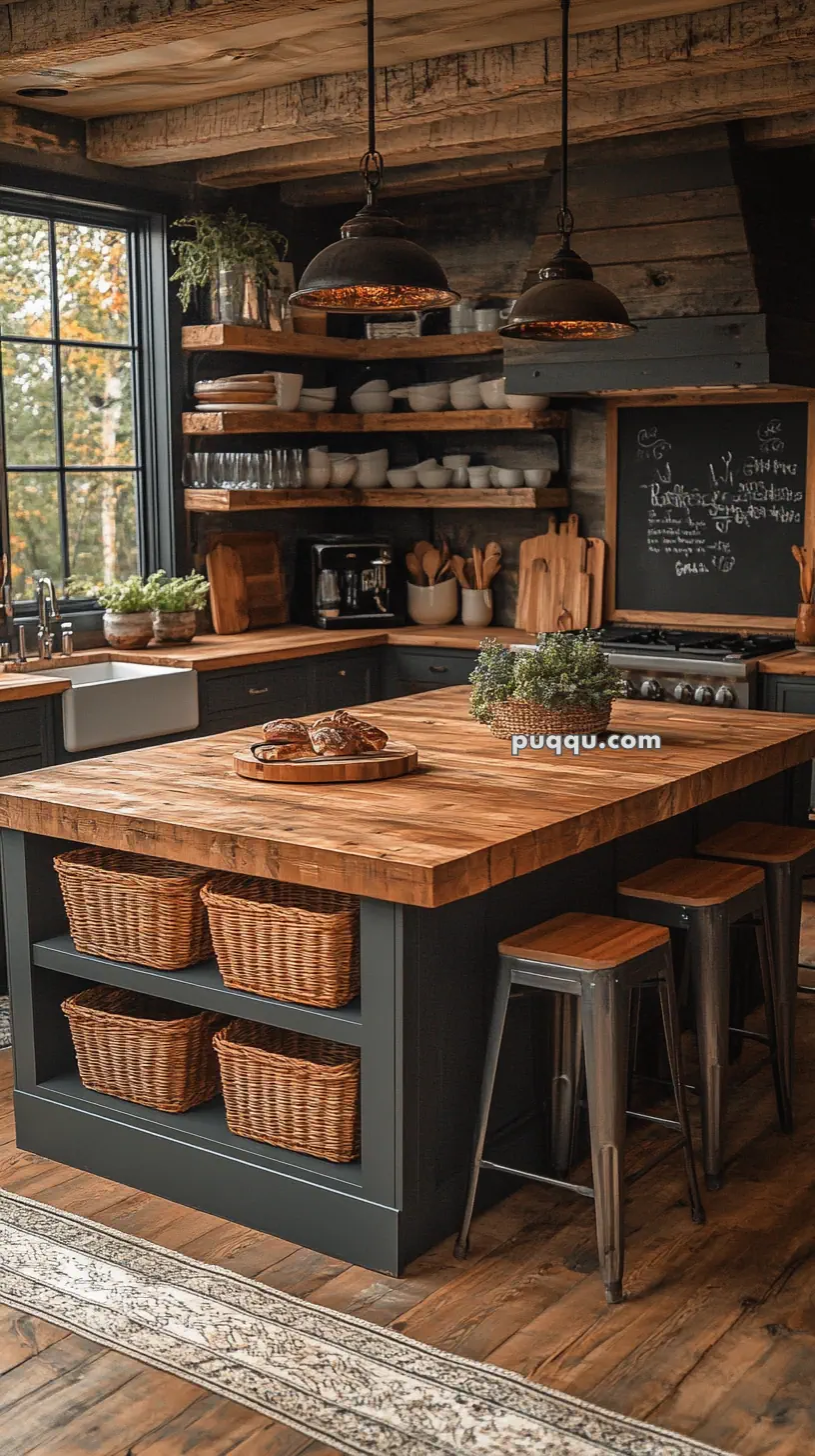 Rustic kitchen with wooden countertops, open shelving, wicker baskets, metal stools, and pendant lighting.