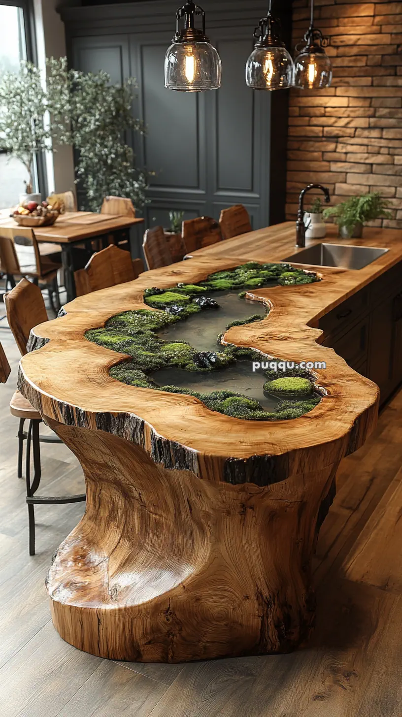 Unique wooden kitchen island with a natural live edge and embedded greenery, set in a rustic kitchen with stone walls and hanging pendant lights.