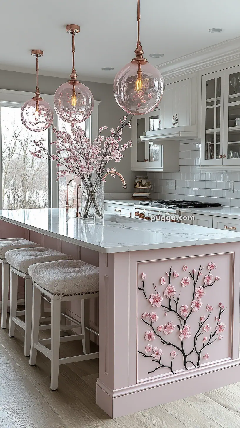 Modern kitchen with a pink and white color scheme, featuring glass pendant lights, floral decor on the island, and cushioned bar stools.