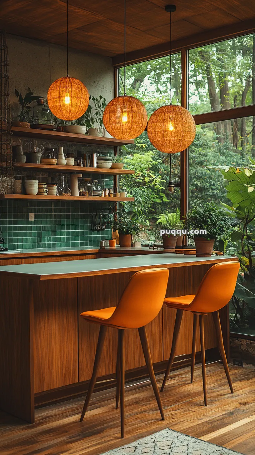 Cozy kitchen interior with orange bar stools, hanging pendant lights, green tiled wall, and wooden shelves, surrounded by greenery outside.