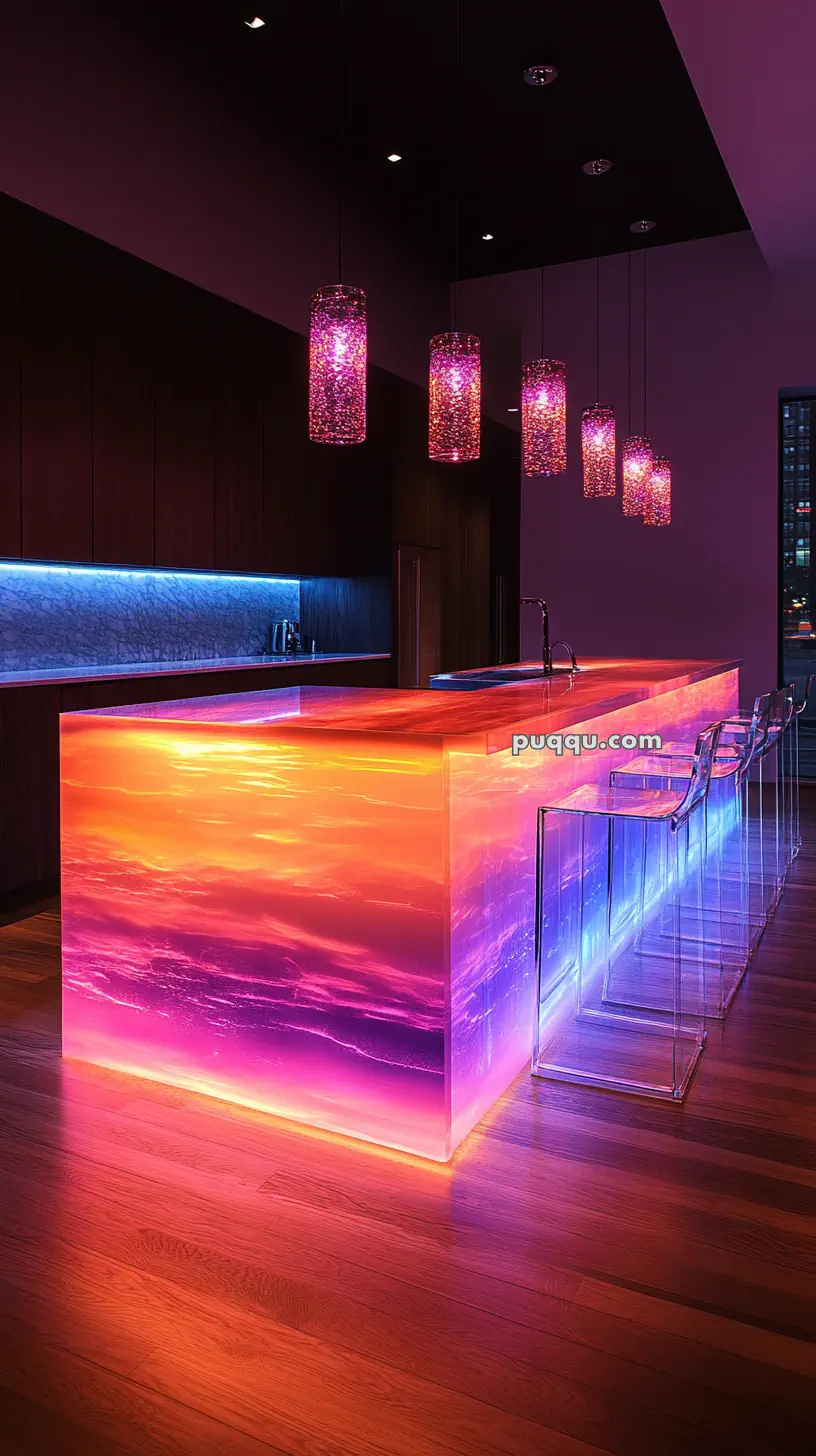 A bar with a glowing multicolored countertop and transparent bar stools, set in a dark room with pink hanging lights.