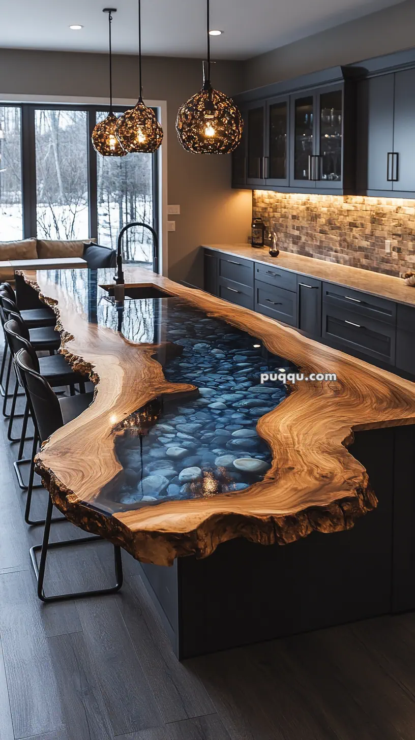 A modern kitchen with a large wooden and resin river-style countertop featuring embedded stones, surrounded by black cabinets and pendant lights.