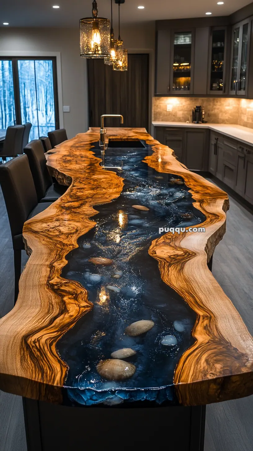 Live edge wooden countertop with blue epoxy resin inlay, featuring embedded stones, in a modern kitchen setting.