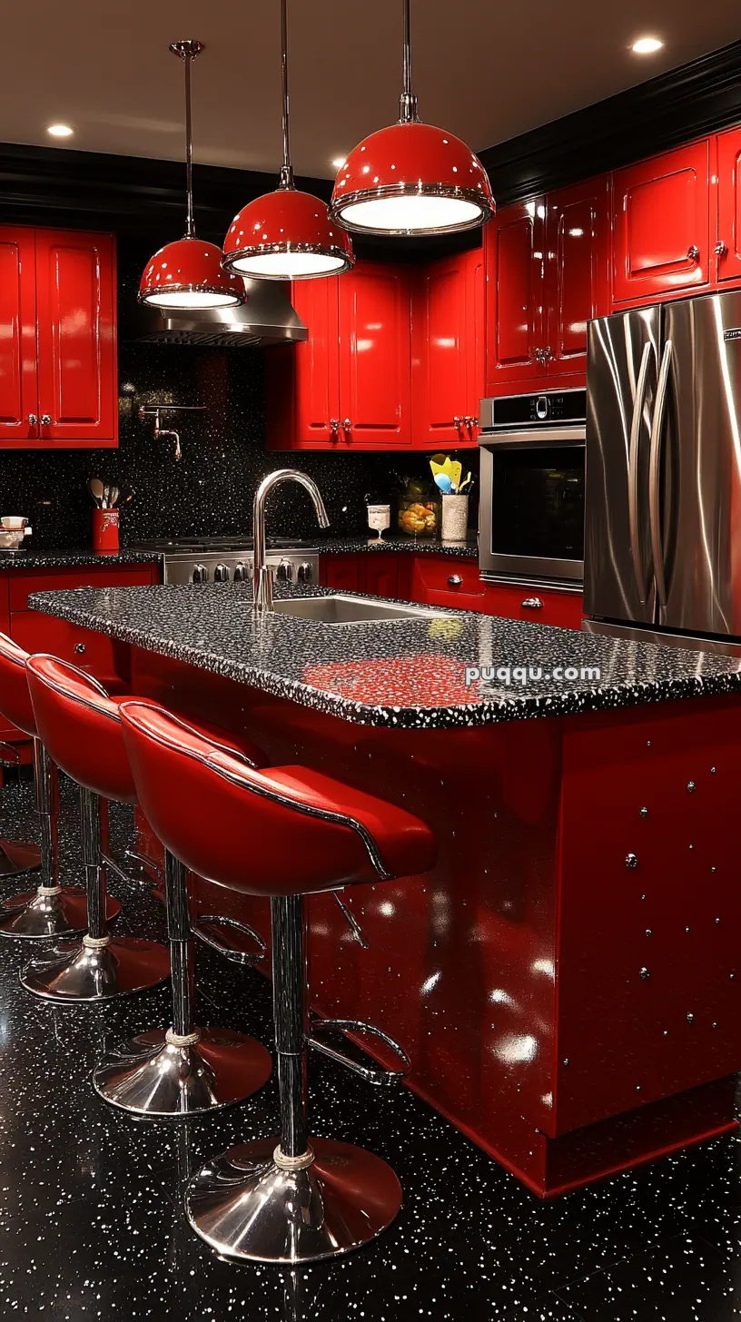 A modern kitchen with glossy red cabinets, silver appliances, black speckled countertops, and matching red and chrome bar stools. Three red pendant lights hang above the island.