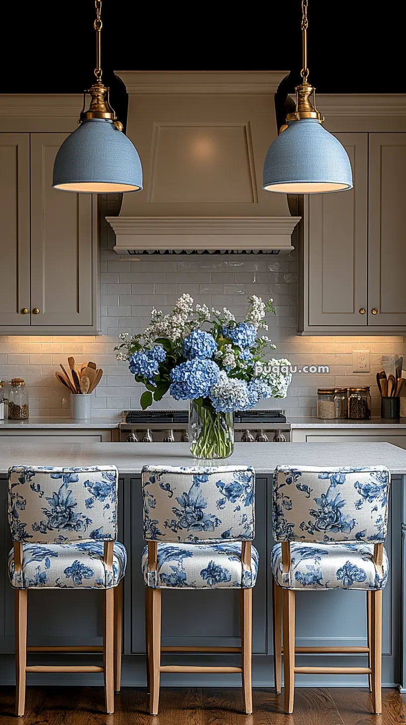 Contemporary kitchen with blue pendant lights, a white island countertop, floral upholstered stools, and a vase of blue hydrangeas.