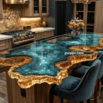 Luxurious kitchen with a glowing, blue resin countertop and modern pendant lights.