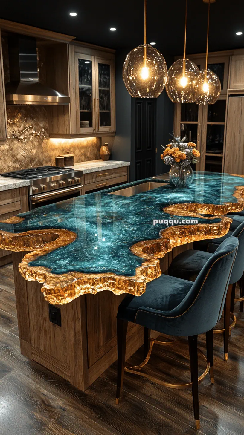 Luxurious kitchen with a glowing, blue resin countertop and modern pendant lights.