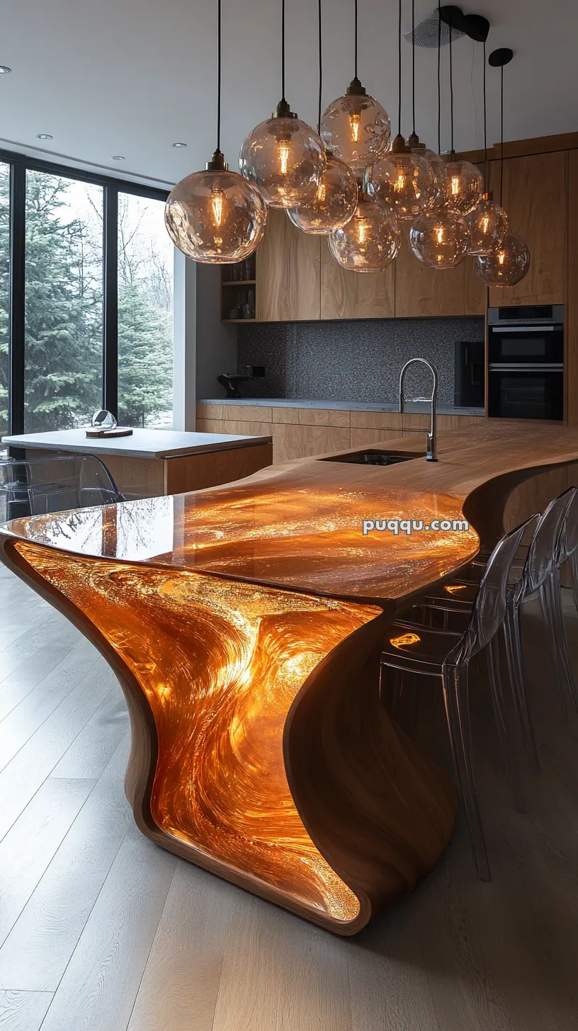 Modern kitchen with a flowing, illuminated wooden countertop and pendant lights above.