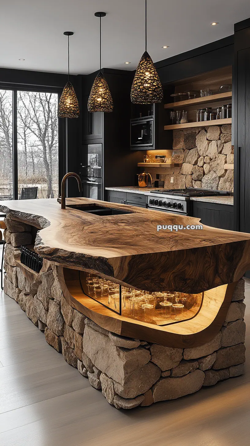 Rustic kitchen with a natural wood countertop, stone island base, pendant lights, and a large window.