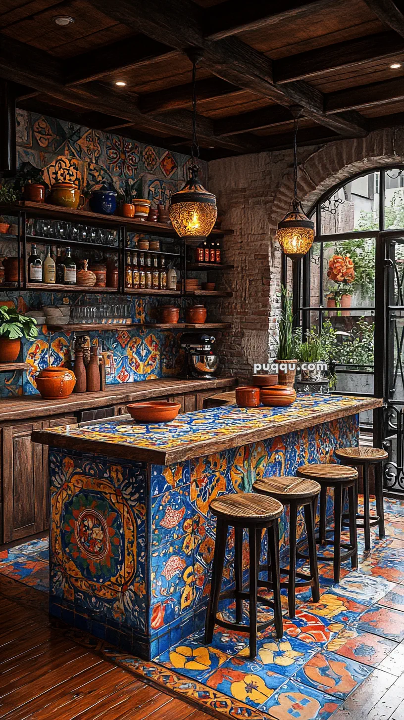 Rustic kitchen with vibrant blue and orange tile decor, wooden furniture, open shelving, and hanging lanterns.