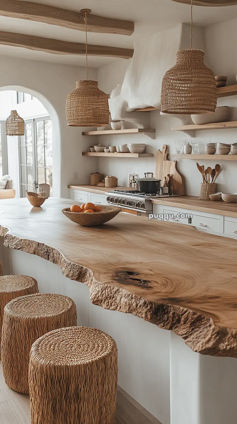 Rustic kitchen with a live edge wooden countertop, woven stools, open shelves, and hanging wicker lamps.