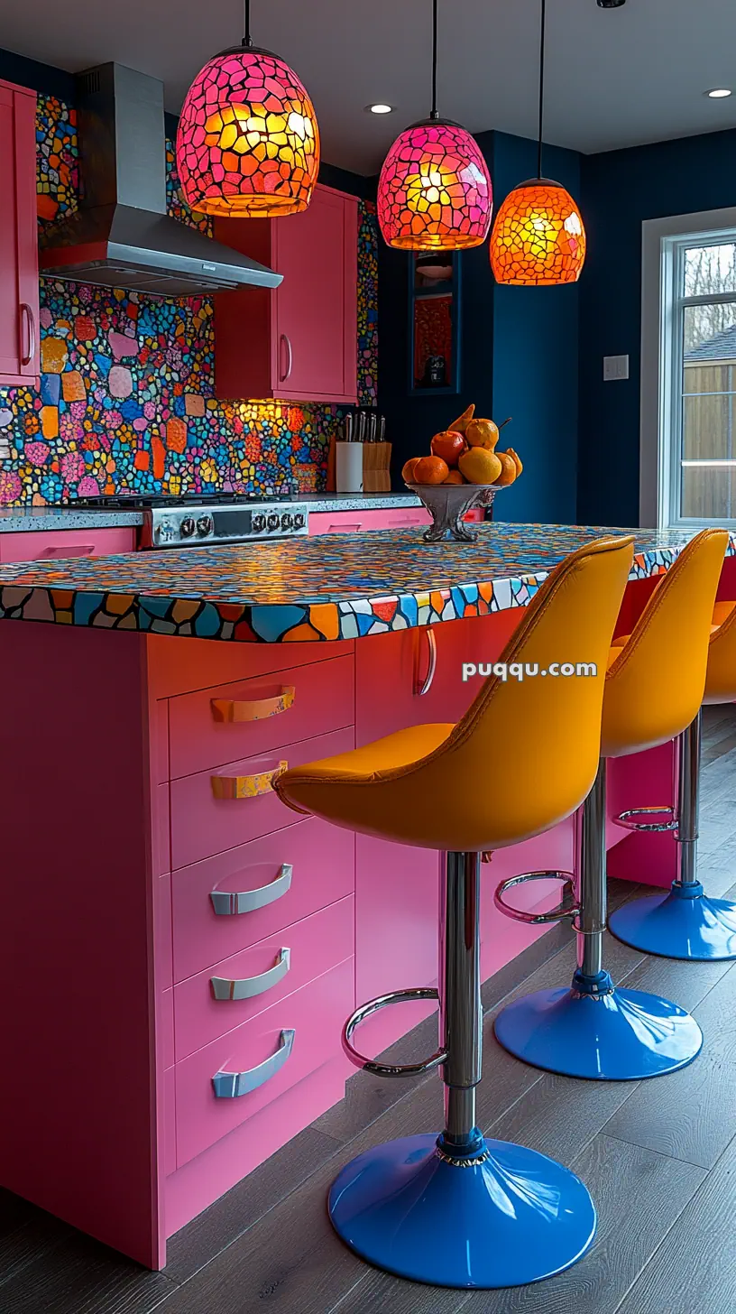 Vibrant kitchen with mosaic countertops and backsplash, pink cabinets, colorful pendant lights, and orange bar stools.