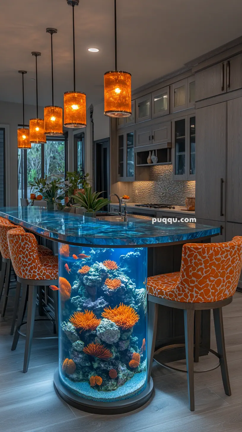 Modern kitchen with a unique island featuring a built-in cylindrical aquarium, orange bar stools, and pendant lights.