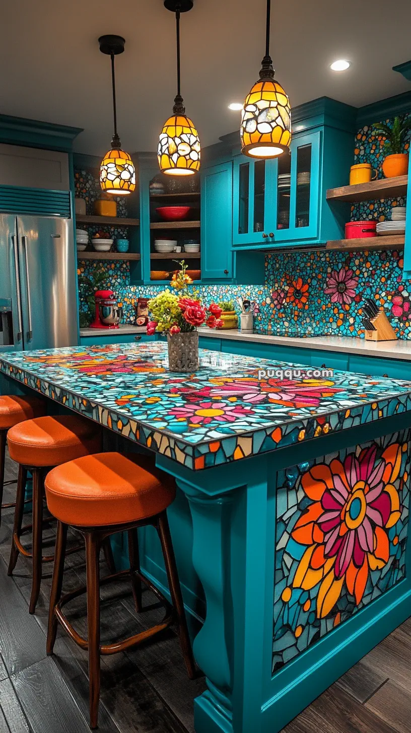 Colorful kitchen with vibrant mosaic tile designs, turquoise cabinets, orange bar stools, and pendant lights.