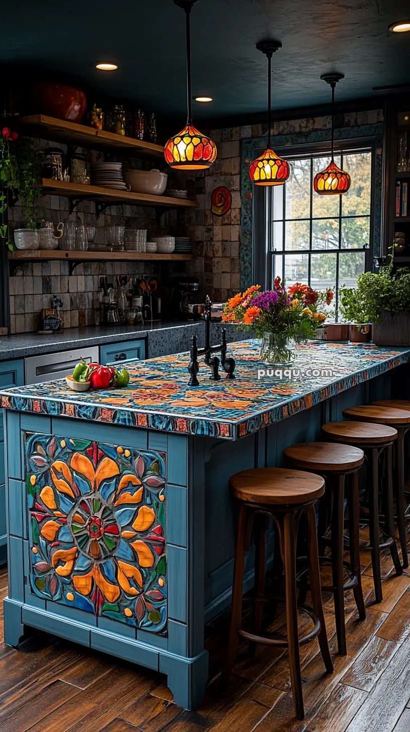 Colorful kitchen with blue cabinets and a tiled island featuring vibrant designs. Pendant lights hang overhead, surrounded by wooden stools, flowers, and vegetables.