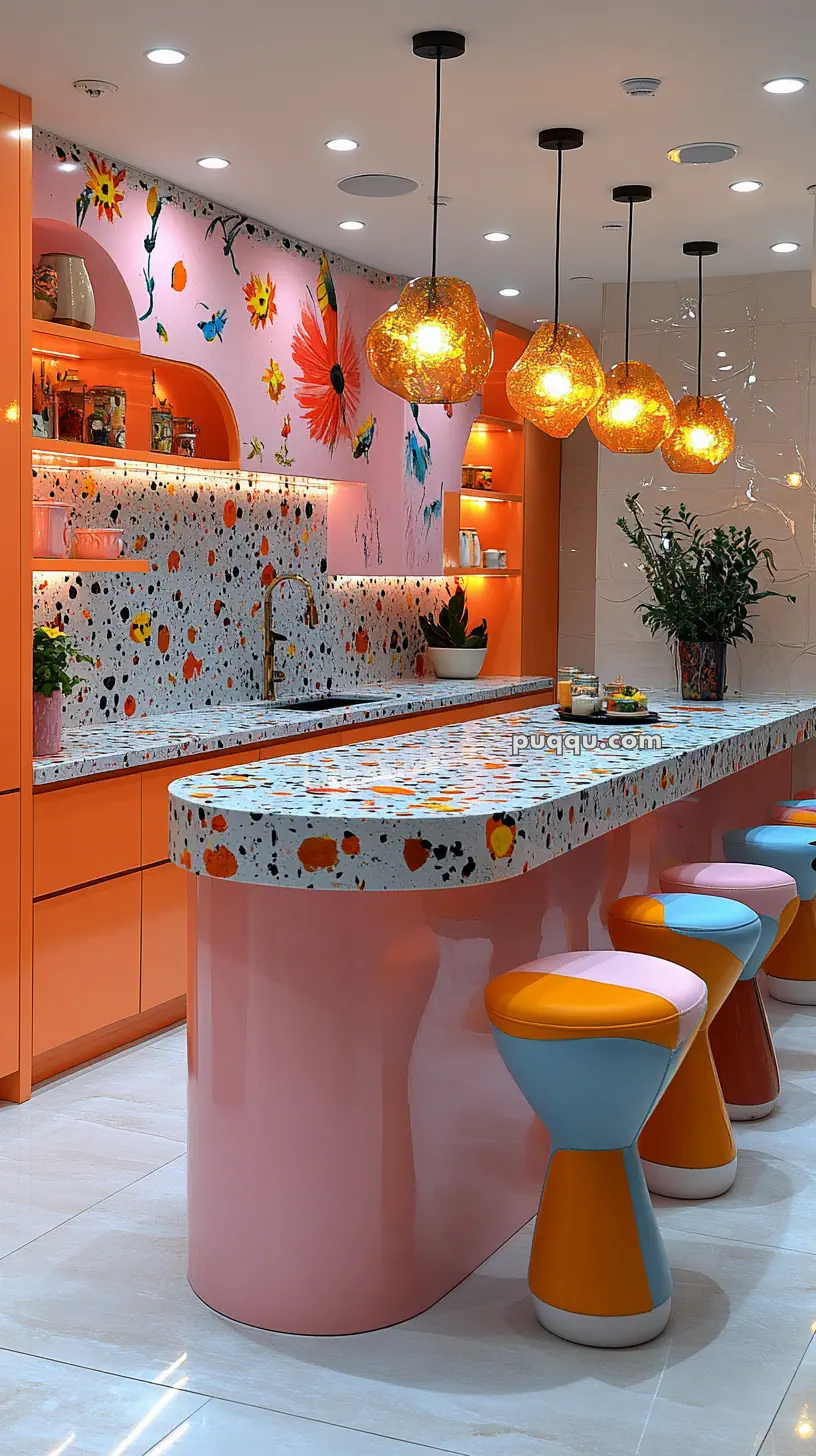 Colorful kitchen with terrazzo countertops, orange cabinets, floral wall art, and vibrant stools; illuminated by pendant lights.