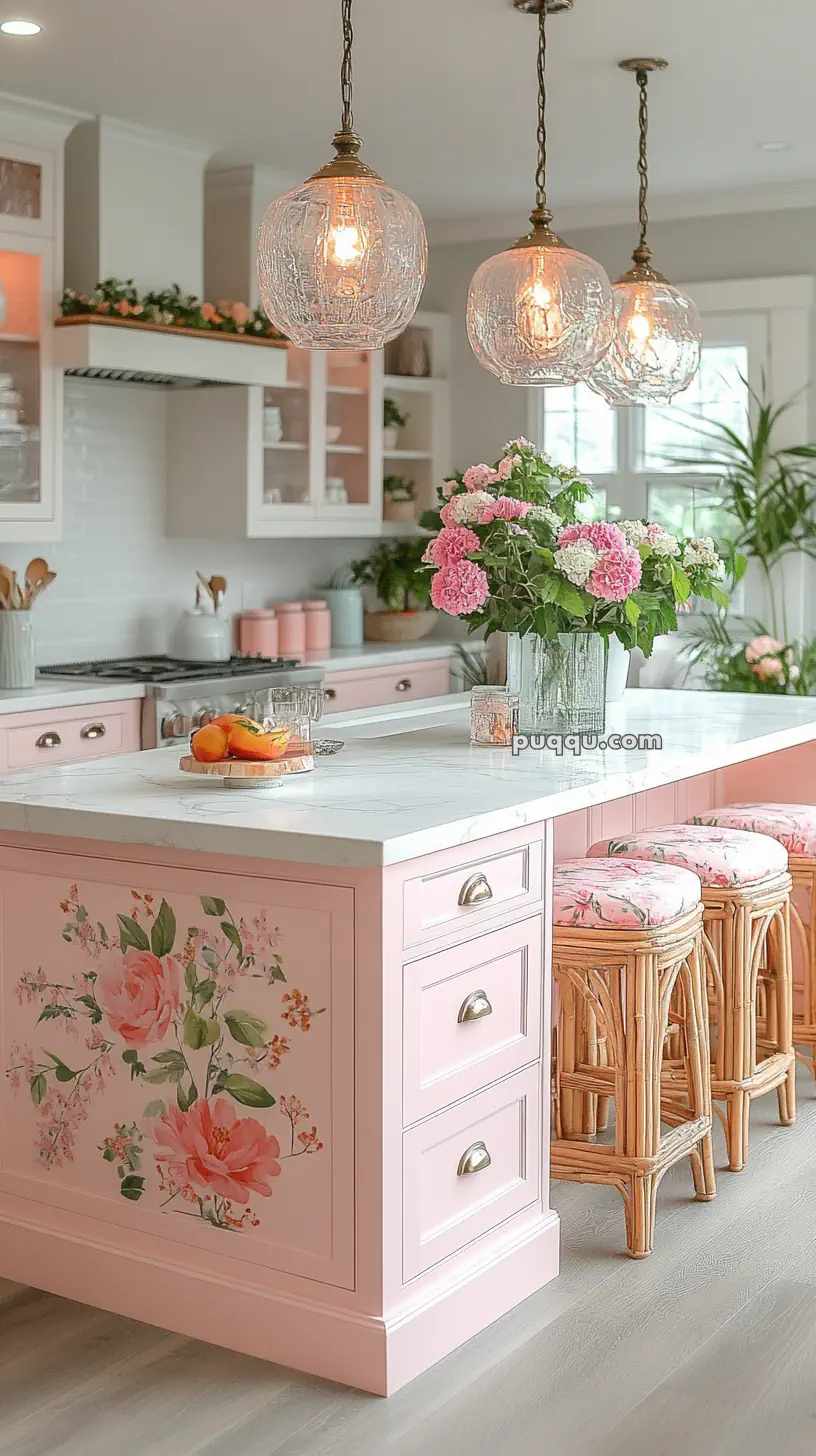 A pastel pink kitchen with floral decor, featuring a marble countertop, rattan stools, glass pendant lights, and a bouquet of pink hydrangeas.