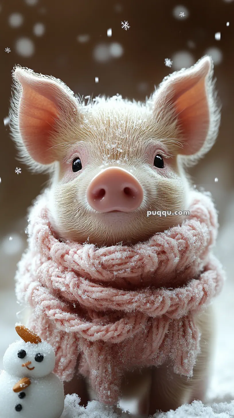 A piglet wearing a pink knitted scarf stands in the snow, with falling snowflakes and a small snowman beside it.