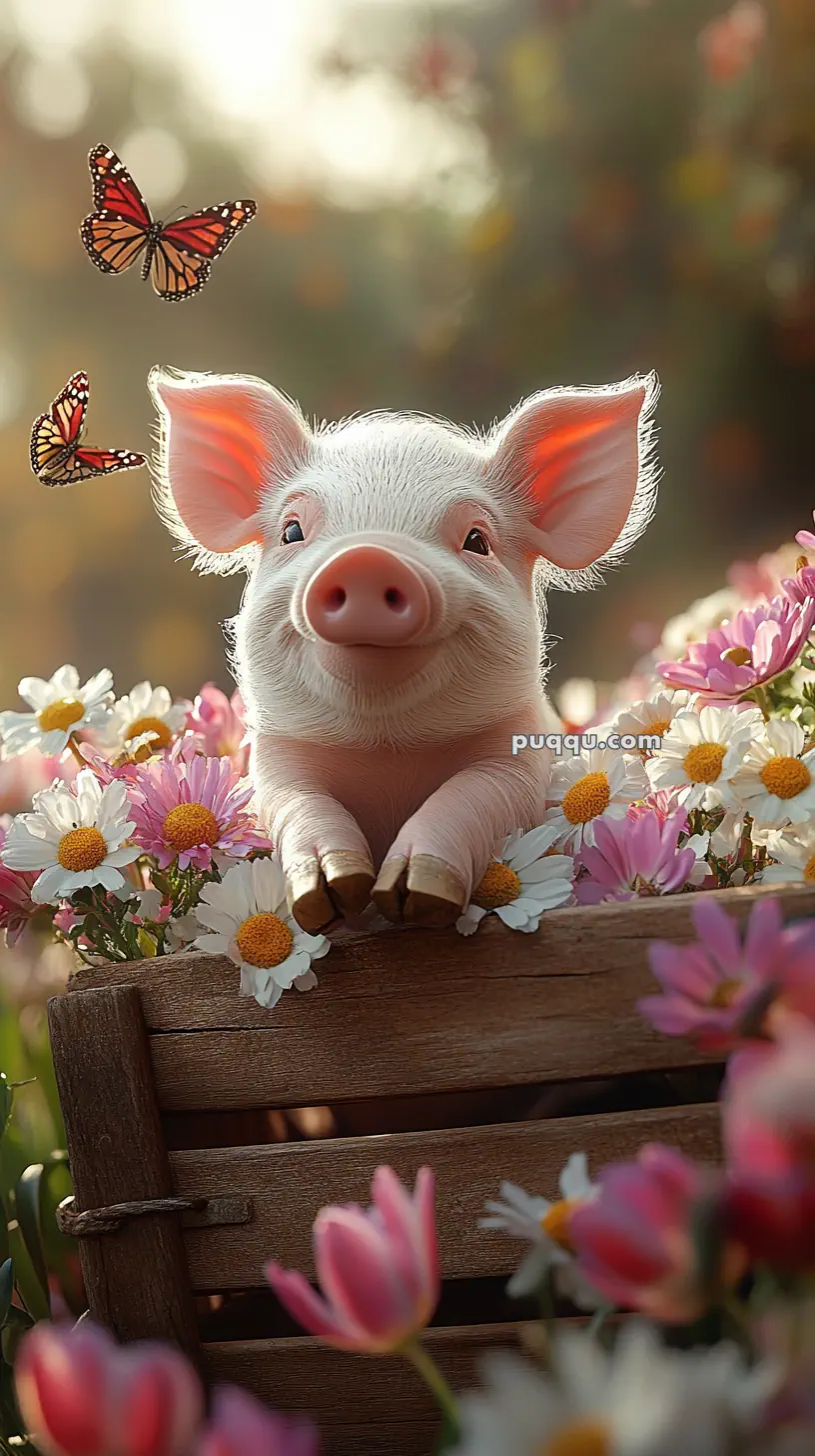 A cute piglet surrounded by daisies and pink flowers, with two butterflies flying nearby.