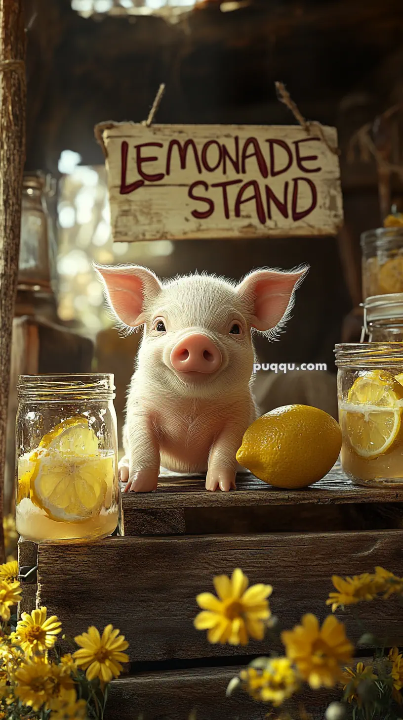 A piglet at a lemonade stand with lemons and mason jars, surrounded by yellow flowers.