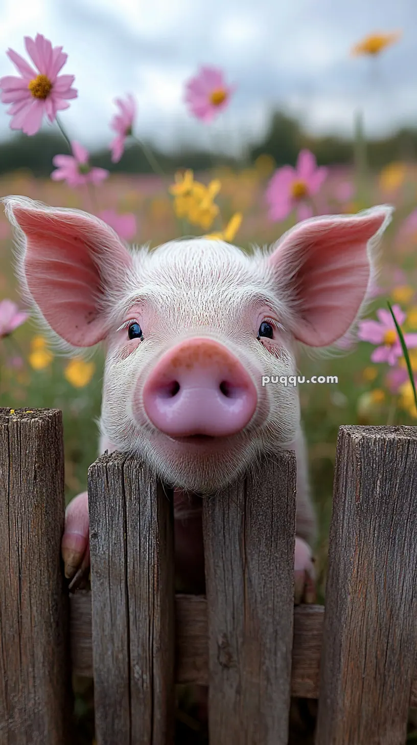 A cute piglet sticking its snout through a wooden fence surrounded by flowers.