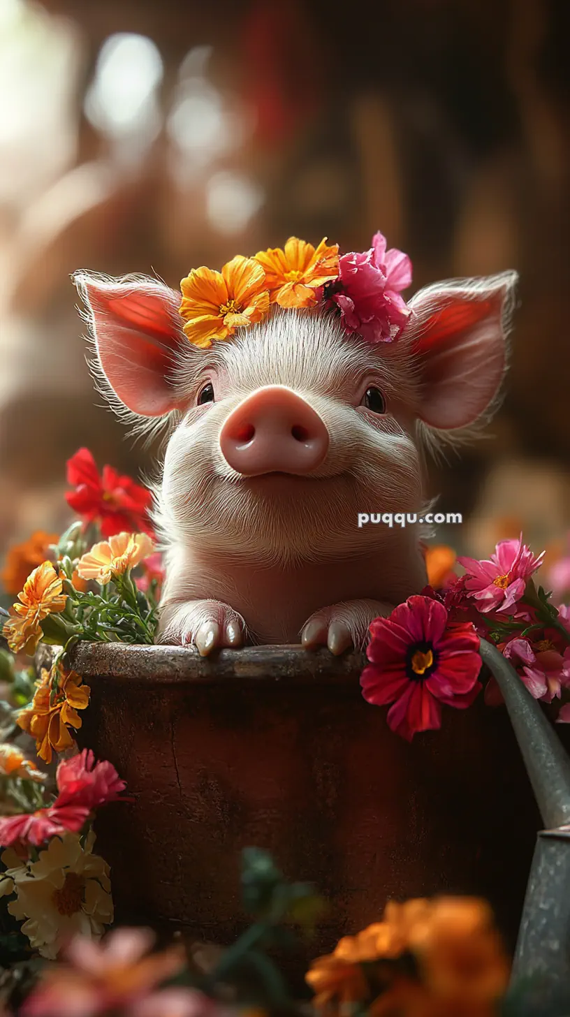 A cute piglet wearing a crown of colorful flowers, sitting inside a flower-filled container.