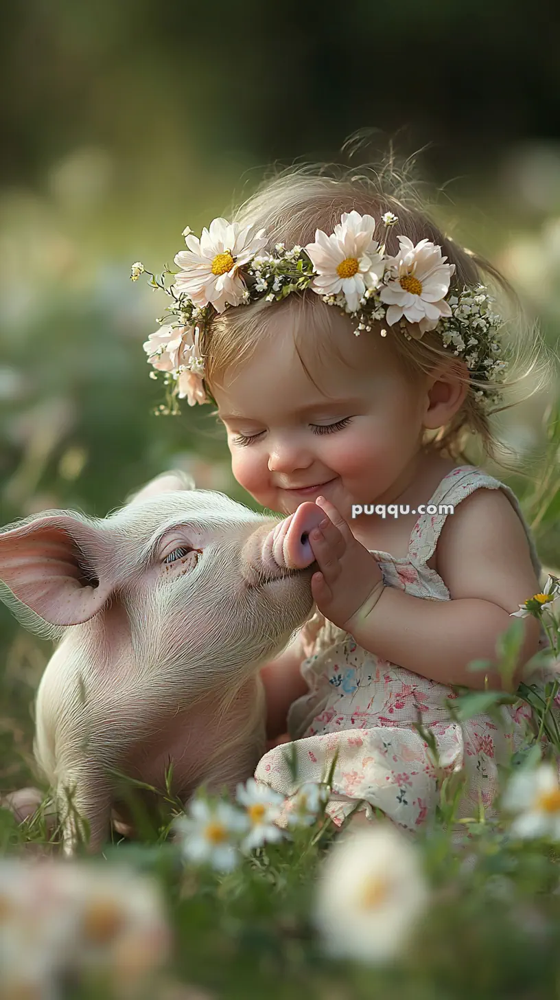 A toddler wearing a flower crown smiles while holding and leaning close to a piglet in a field of flowers.