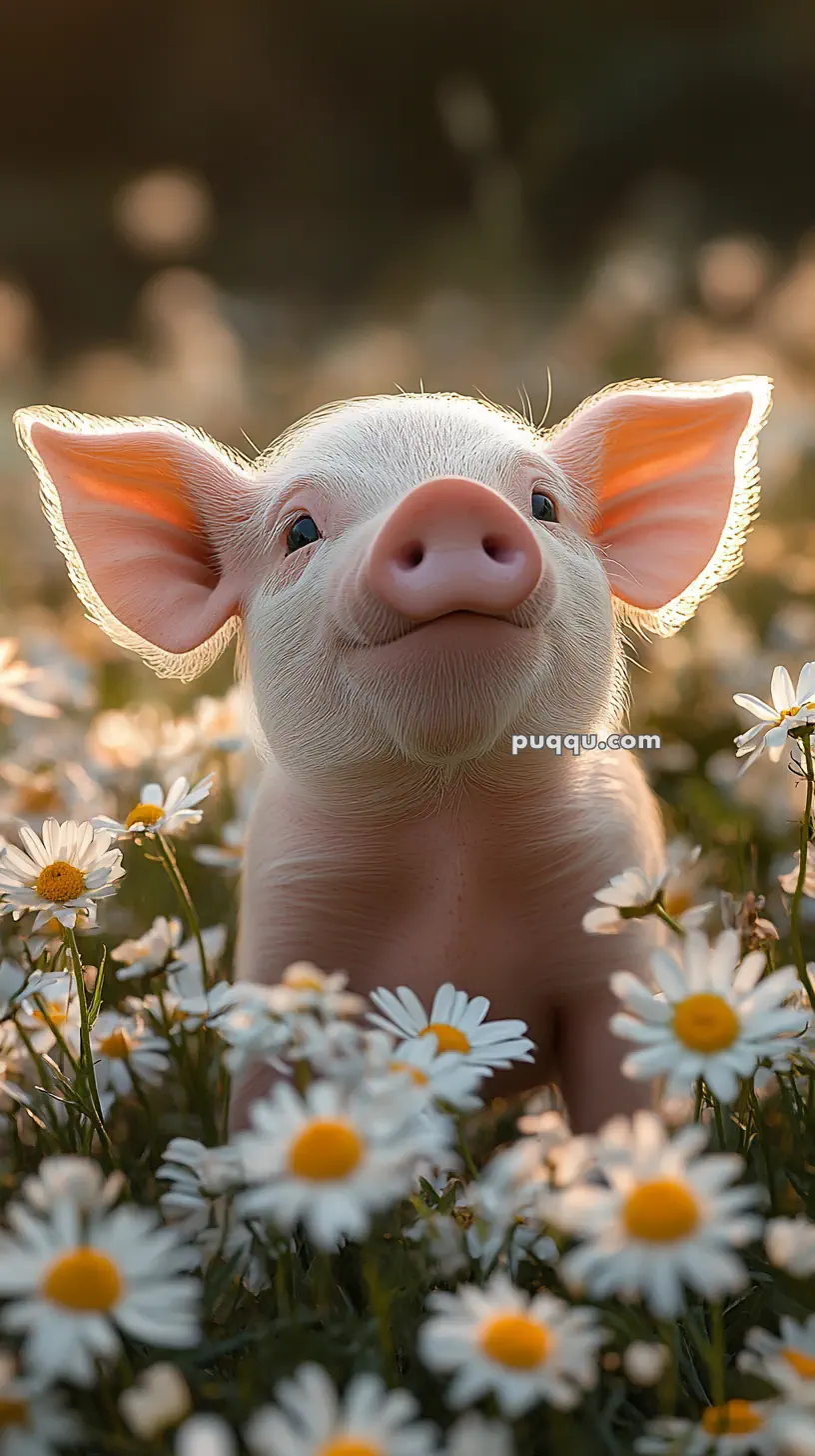 A piglet in a field of daisies, with sunlight highlighting its ears.