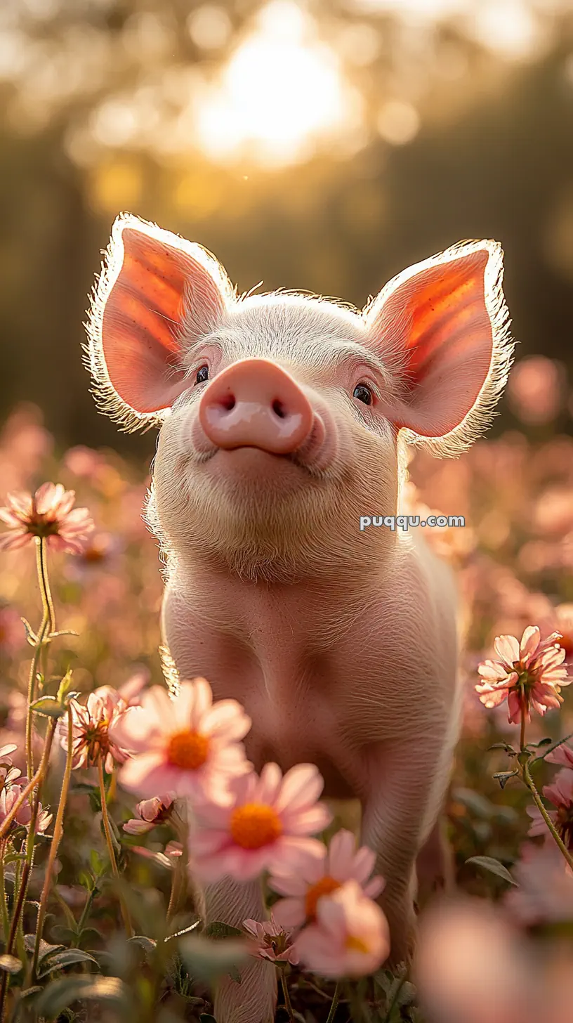 A piglet standing among pink flowers with sunlight filtering through trees in the background.