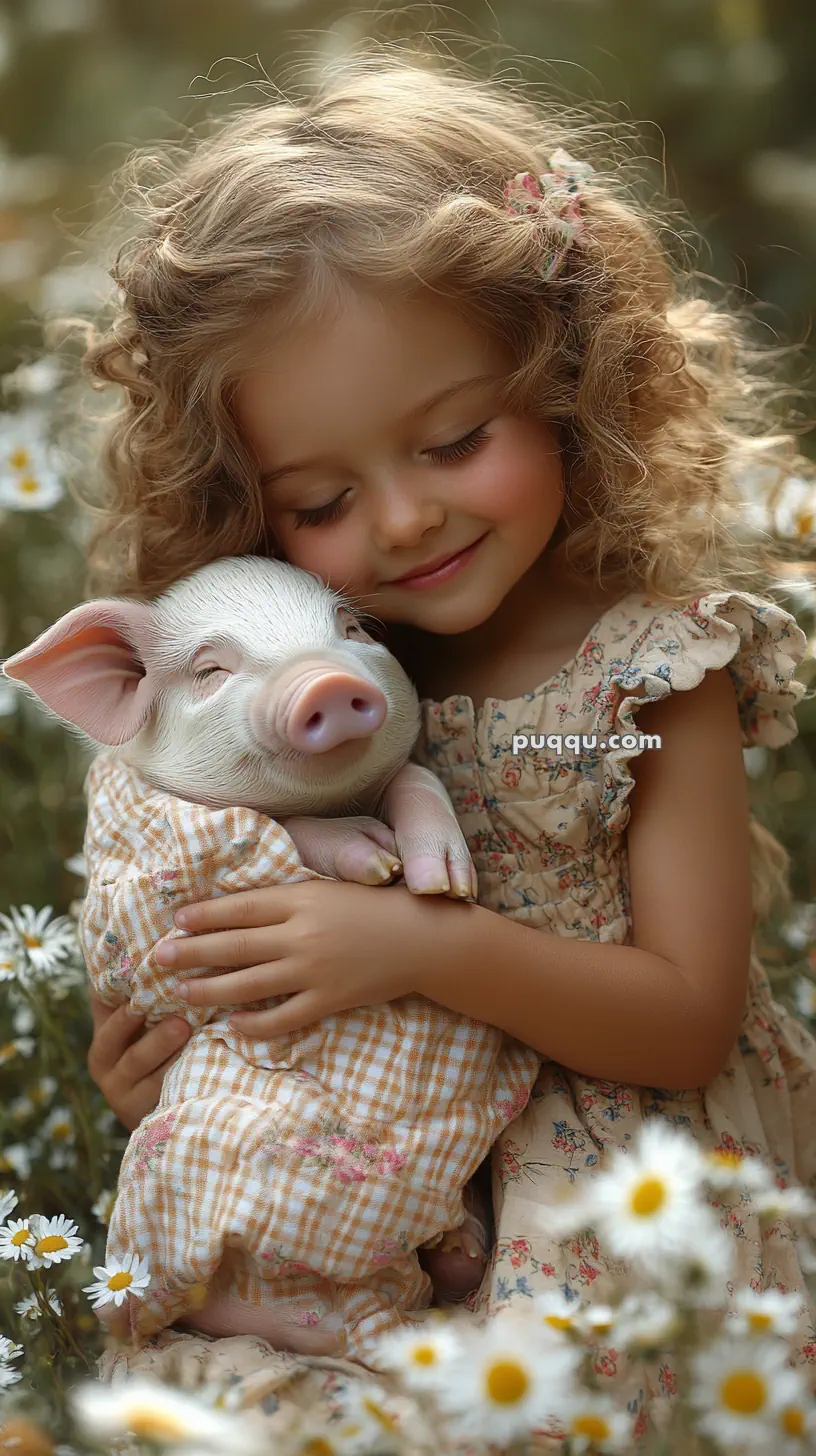 A young girl with curly hair smiles contentedly as she hugs a small piglet wrapped in a checked cloth, surrounded by daisies.