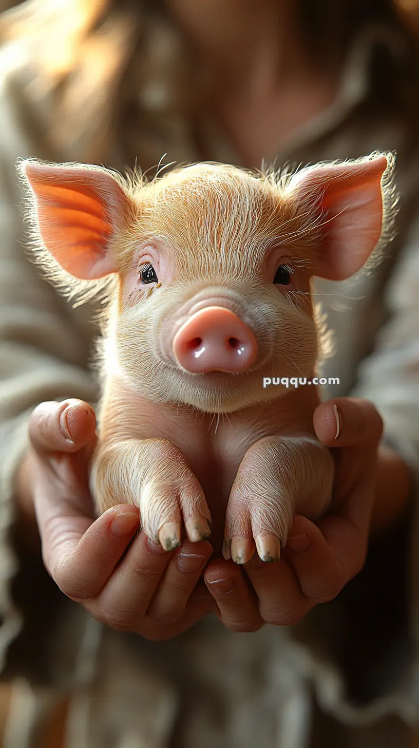 A small piglet being held gently in human hands.