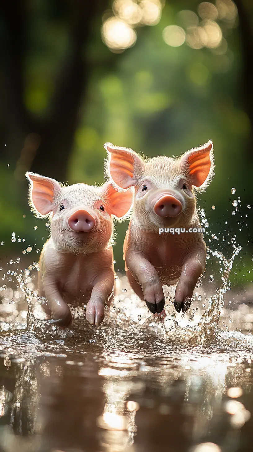 Two piglets joyfully running through water with splashes.