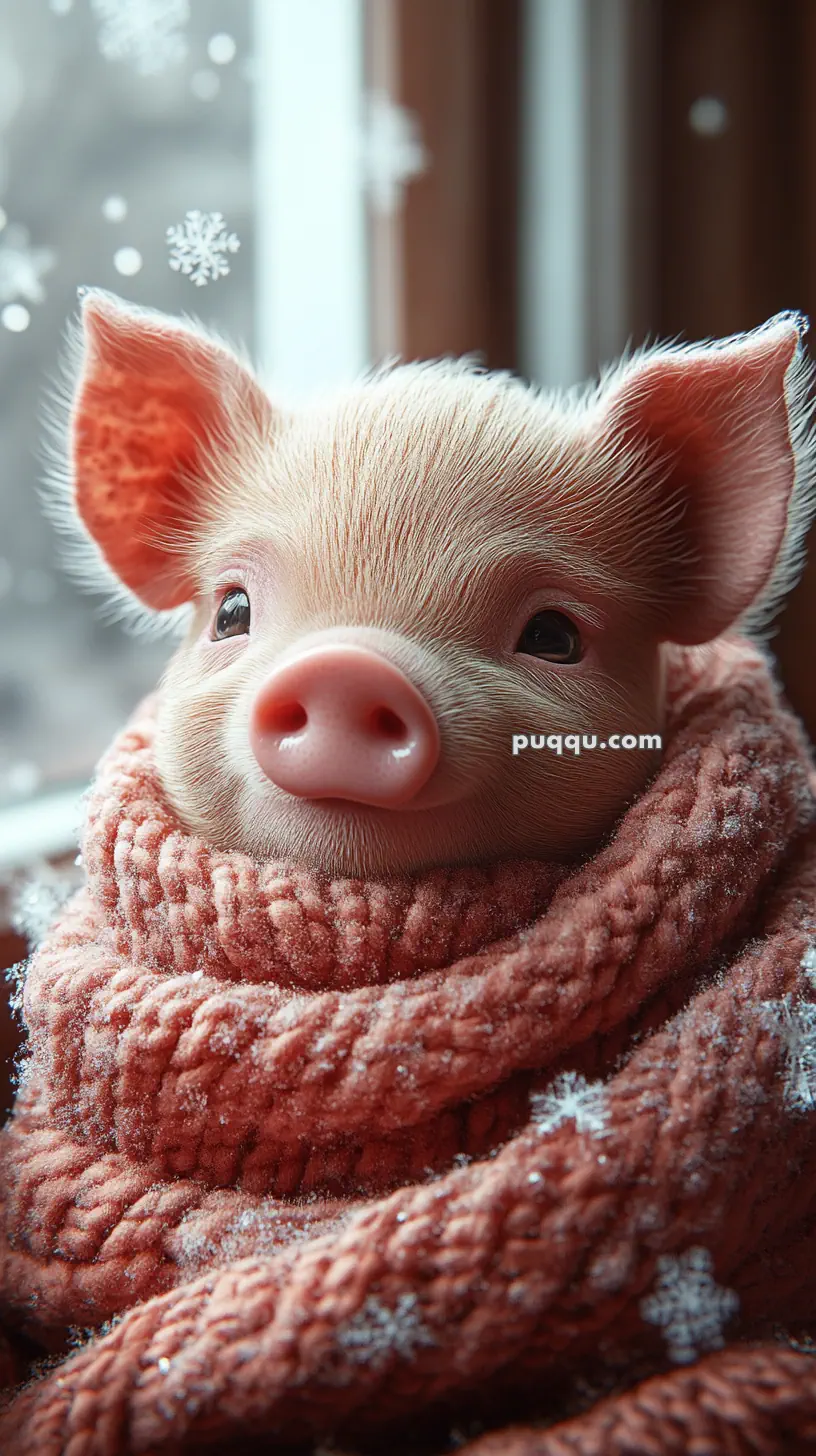 Cute piglet wrapped in a pink knitted scarf with snowflakes.