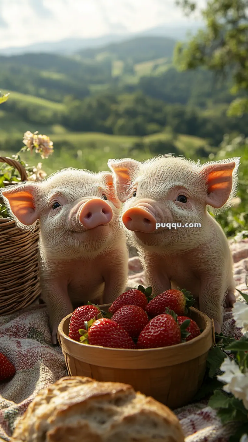 Two piglets sitting on a picnic blanket with a basket of strawberries, in a scenic countryside setting.