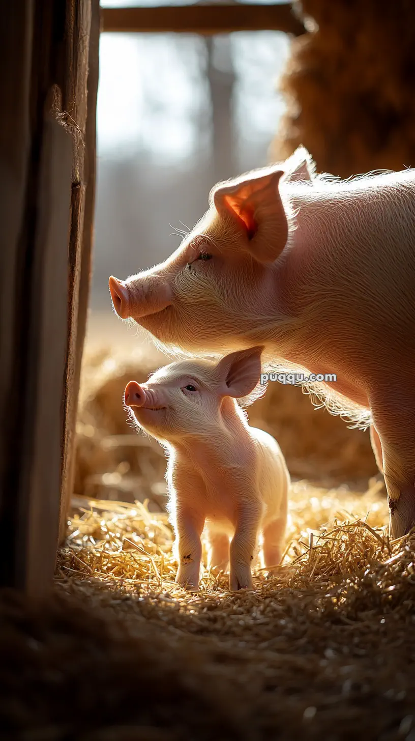 A pig and a piglet standing together in a sunlit barn with straw on the ground.